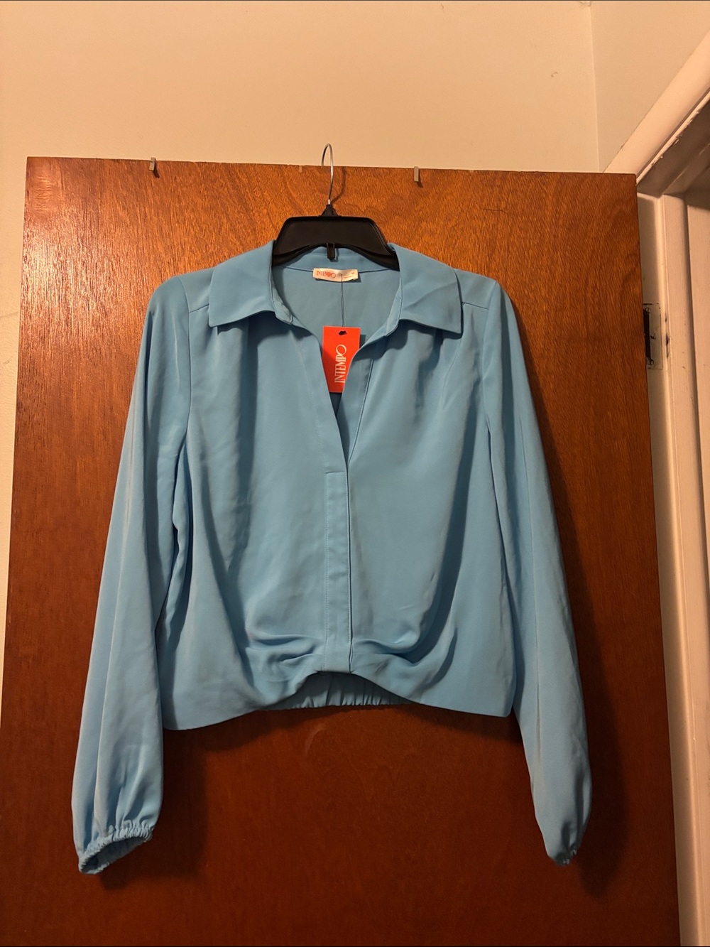 Light Blue Long-Sleeve Collared Blouse - Open Front